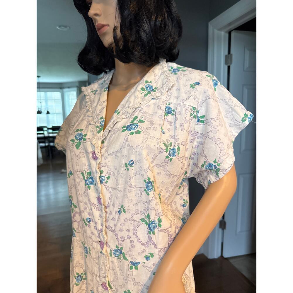 1950s Handmade Floral Day Dress Blue Rose Eyelet Trim Medium - Picture 11 of 16